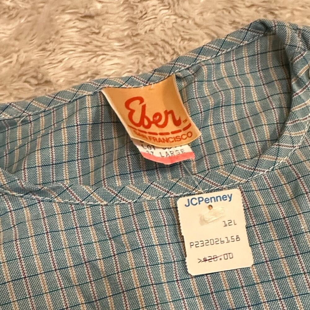 Deadstock Vintage 70s Blue Plaid Button Down Shirt Prarie Cottagecore Eber - Picture 2 of 6